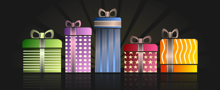 Graphic of multiple colorful wrapped gifts